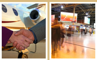 Photo montage of handshake in front of private jet and night-time view of Edinburgh's Waverley Station concourse